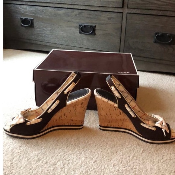 Brown cork Coach wedges with plaid ribbon detail. Comes with original box. - Picture 10 of 11